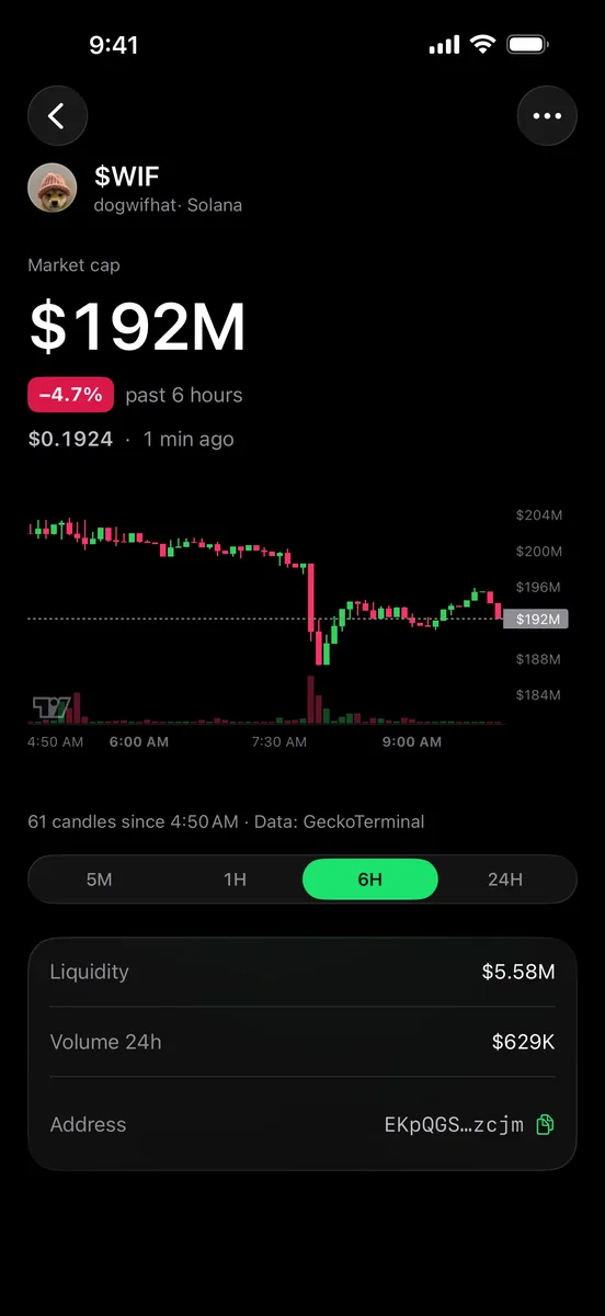 $WIF token detail in dark mode with 6h candles and volume